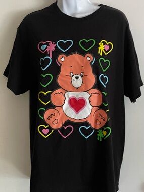 Care Bears Black Tee with Tender ❤️ Bear and Multicolor Hearts